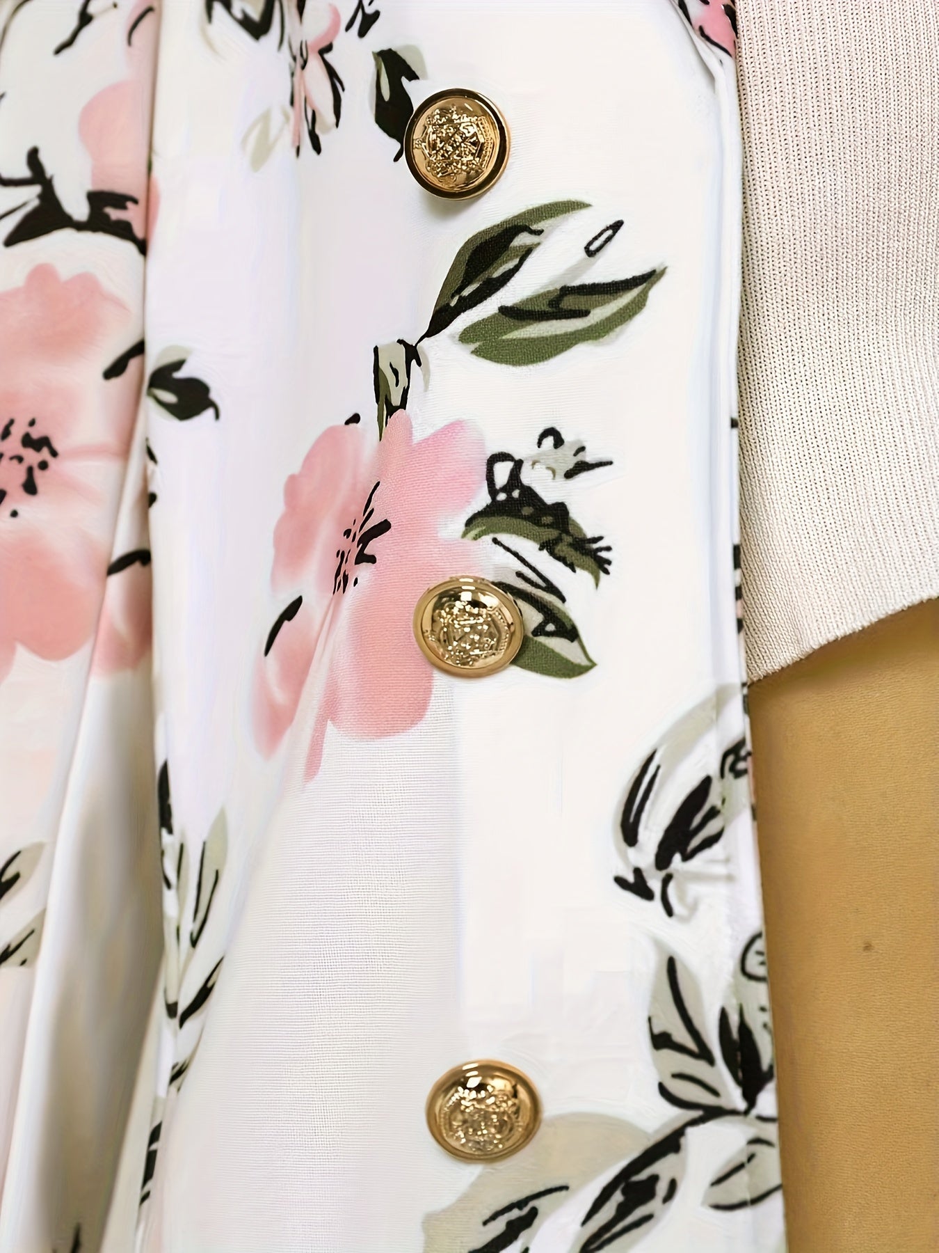 Stylish Two-Piece Outfit Featuring a Chic Double-Breasted Blazer And a High-Waisted Floral Mini Skirt, a Fresh Addition for Women.