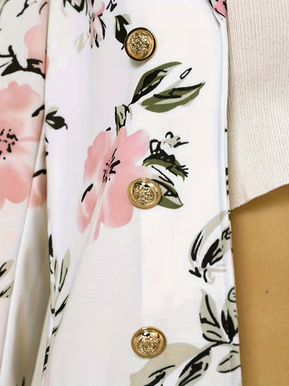 Stylish Two-Piece Outfit Featuring a Chic Double-Breasted Blazer And a High-Waisted Floral Mini Skirt, a Fresh Addition for Women.