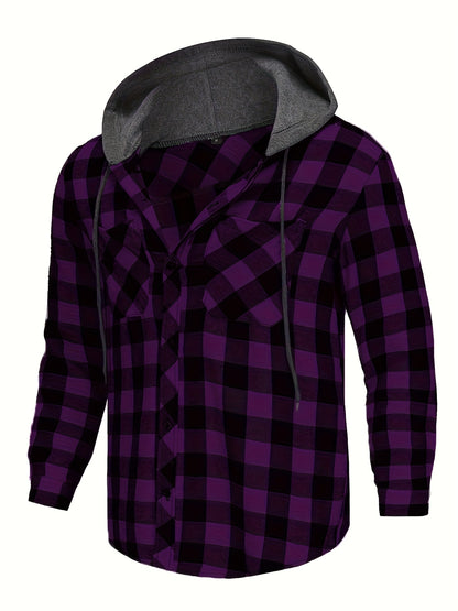 3pcs Set Men'S Hooded Plaid Long-Sleeve Shirt with Buttons, Suitable for Casual Home Wear in Spring And Autumn