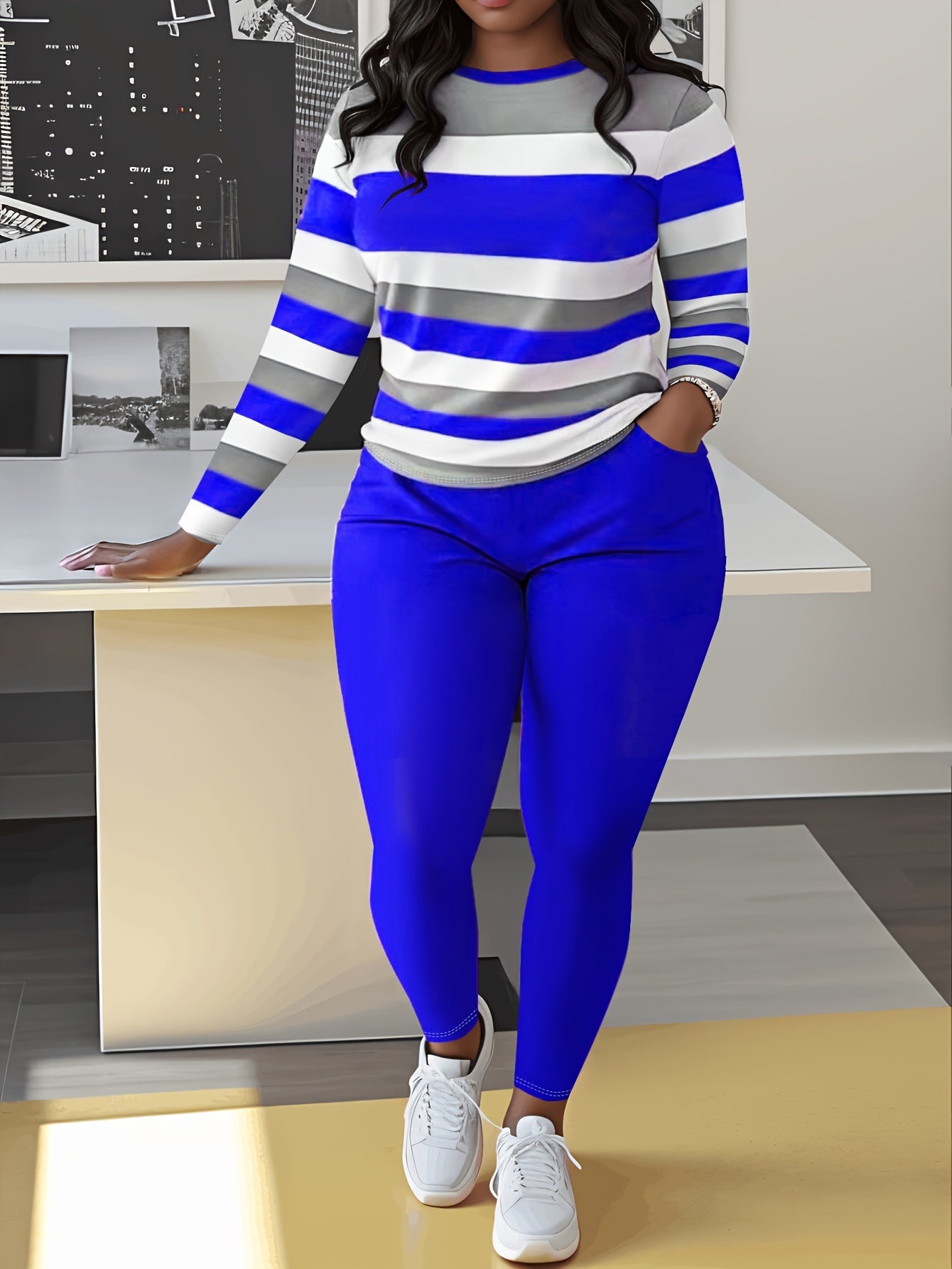 Plus Size Color Block Two-piece Set, Casual Crew Neck Long Sleeve Top & Pants Outfits, Women's Plus Size Clothing