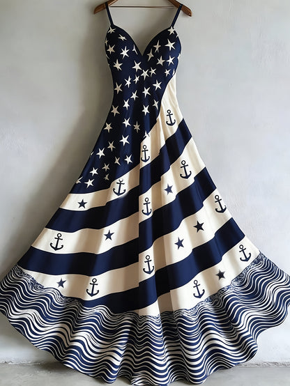Women's Patriotic Maxi Dress - A-Line Silhouette, Suitable for Vacation, Leisure & Beach Outings, Loose Fit, National Flag Pattern, Sleeveless, V-Neck, Red National Flag Design with Built-In Cups