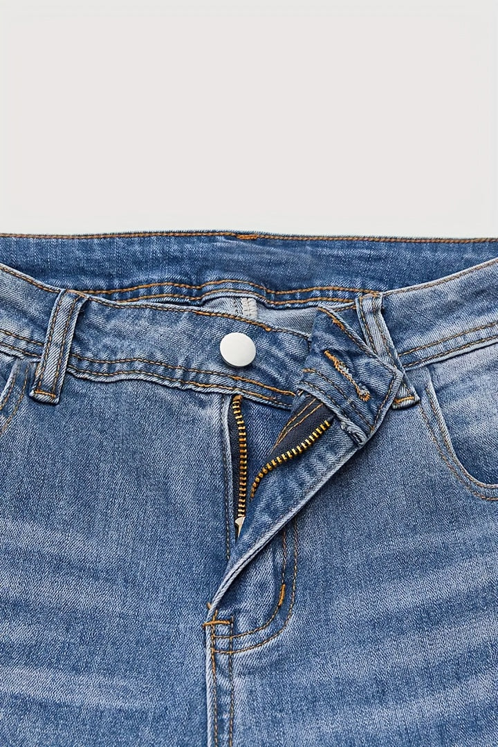 Women'S Plus Size Stone Washed Denim Pants, Ethnic Style Embroidered Skinny Straight Leg Pants