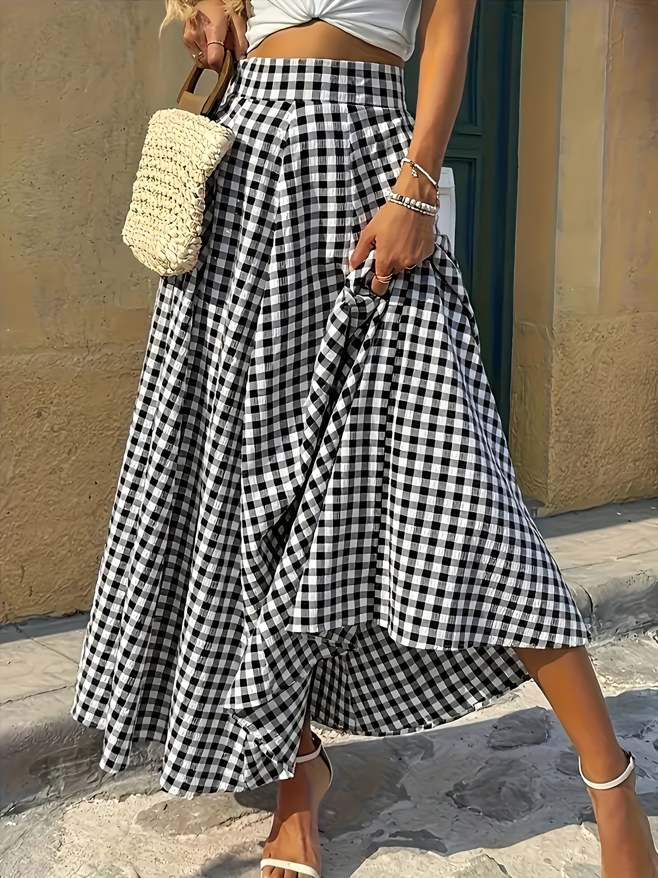 Women'S Elegant Checkered Mid-Length Skirt - High Waist, Flowing A-Line Silhouette, Opaque, Ideal for Spring And Autumn Seasons, Versatile Mid-Length Skirt | Elegant A-Line Skirt | Fashionable Texture