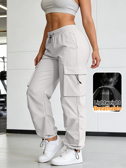 Women's Wide Leg Cargo Pants with Elastic Waist & Flap Pockets - Loose-Fit Trousers Suitable for Hiking, Jogging, Streetwear | Machine Washable Solid Black All-Season Pants for Gym, Outdoor, Daily Wear | Multi- Utility Pants