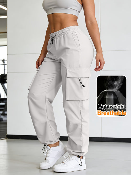 Women's Wide Leg Cargo Pants with Elastic Waist & Flap Pockets - Loose-Fit Trousers Suitable for Hiking, Jogging, Streetwear | Machine Washable Solid Black All-Season Pants for Gym, Outdoor, Daily Wear | Multi- Utility Pants