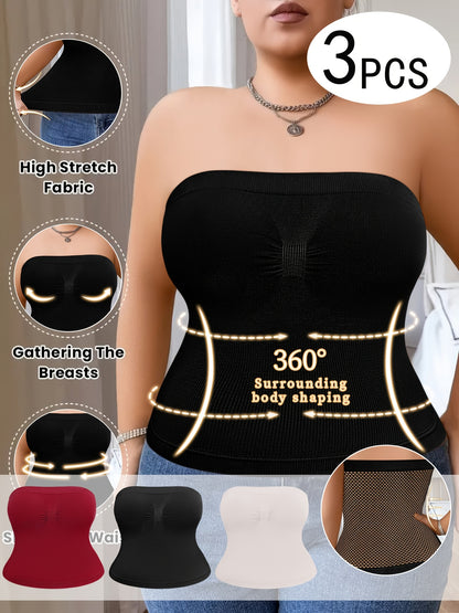3-Pack Women'S Plus Size Waist Shaping Comfortable & Breathable Tube Top With Built-in Bra