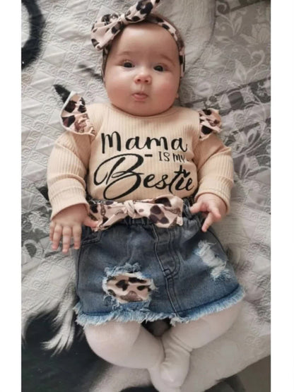 Kukitty 4pcs Set for Baby Girls Featuring Long Sleeve Bodysuit with Letter Design And Ripped Leopard Print Denim Skirt, for Outdoor