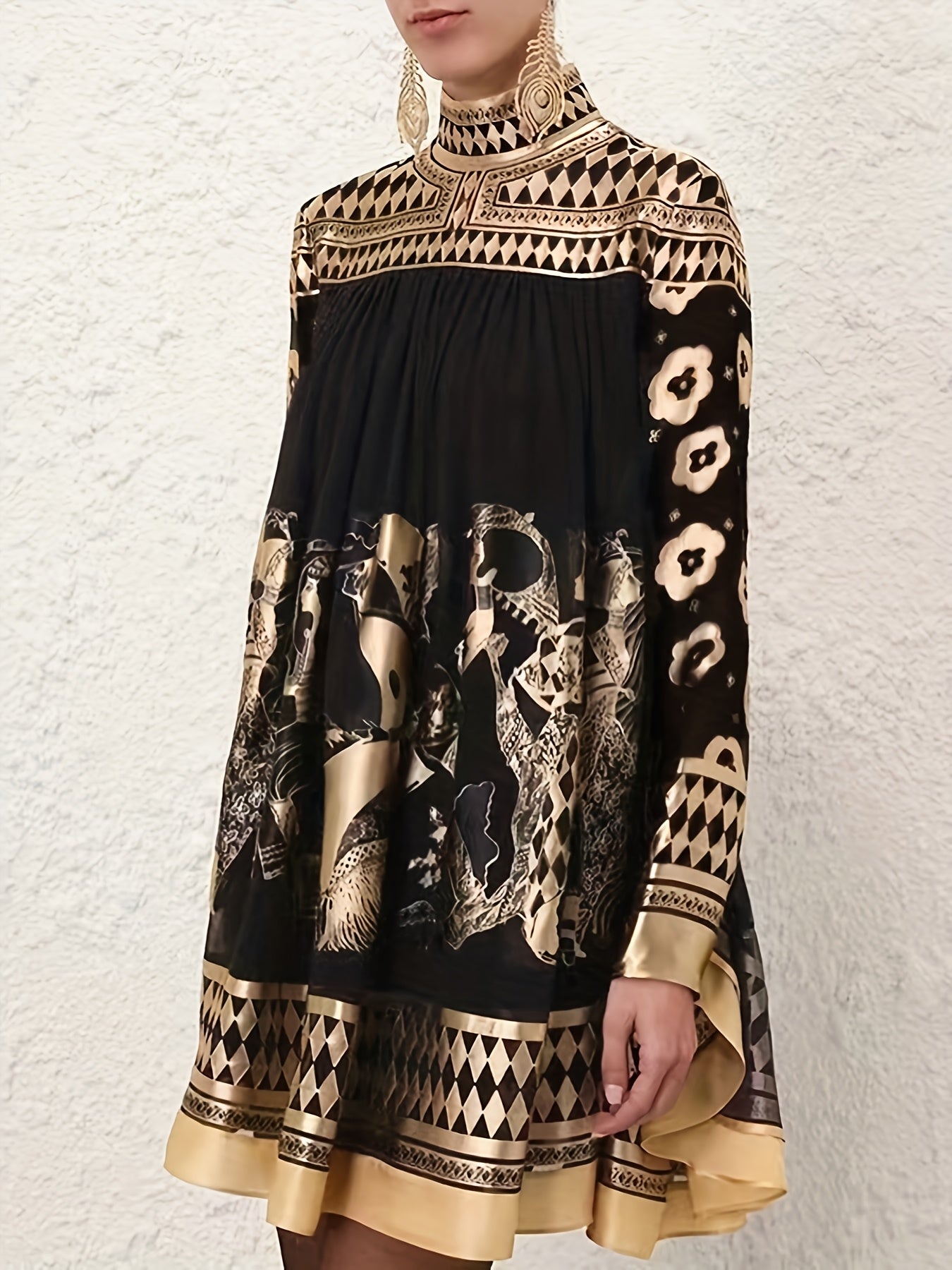 [Casual Stylish Retro] Women's Bronze Ethnic Print Stand Collar Long-Sleeved Short Dress, Casual And Stylish For Office Or Commuting, Retro Party A-Line Skirt