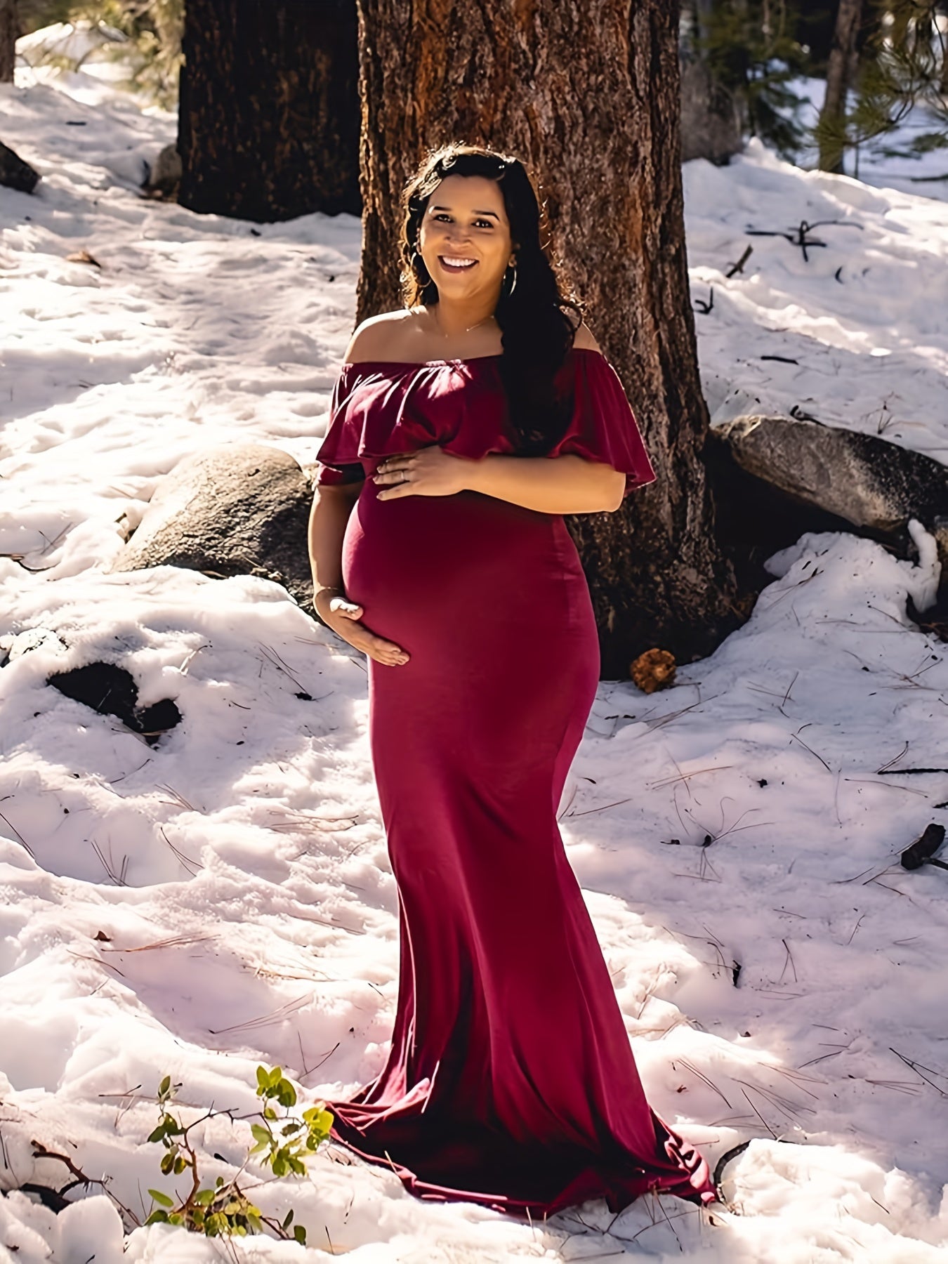 Womens Off Shoulder Maternity Dress Ruffles Elegant Slim Gowns Fit Maxi Photography Dress