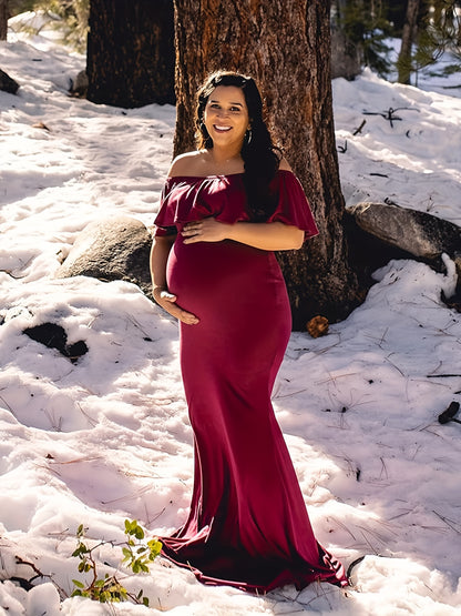 Womens Off Shoulder Maternity Dress Ruffles Elegant Slim Gowns Fit Maxi Photography Dress