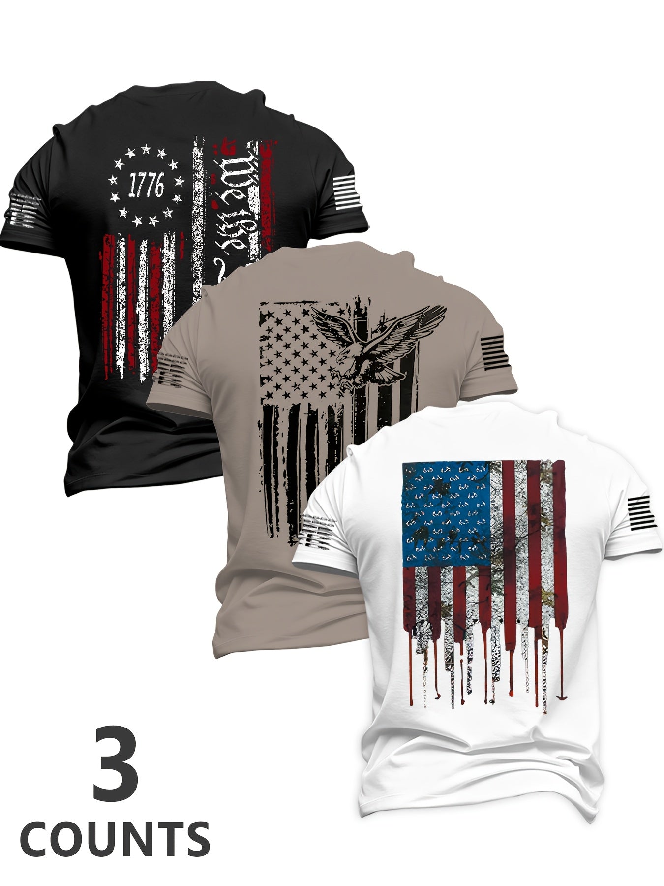 Men'S 3pcs 4Th of July American Patriotic Flag Eagle Short Sleeve T-Shirt Set, All-Black Vintage Print Design, 250 American Celebration Items-Inspired, Featuring 1776 Betsy Ross Flag, Declaration of Independence, Bald Eagle & American Flag Elements