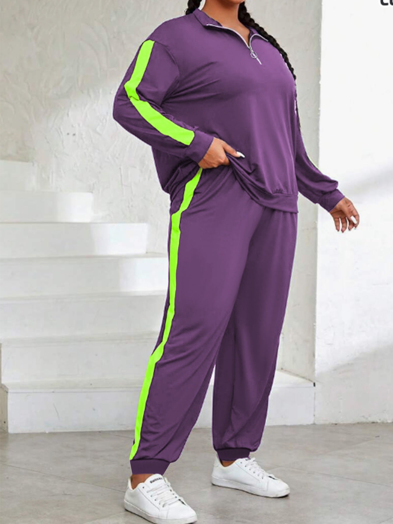 Plus Size, Plus Size Women's Spring And Autumn Contrast Color Casual Suit, Half Zip Pullover Long Sleeve Top And Trousers Two-Piece Set