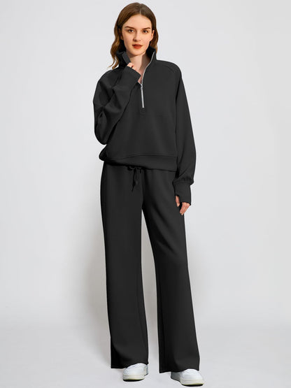 2Pcss Outfits for Women, Oversized Half-Zip Sweatshirt And Wide Leg Sweatpants Set, 2026 Spring Casual Lounge Tracksuit Women'S Trendy 2Pcss Matching Set, Oversized Quarter-Zip Pullover And Loose Wide Leg Trousers, Chic Spring Sporty Outfits