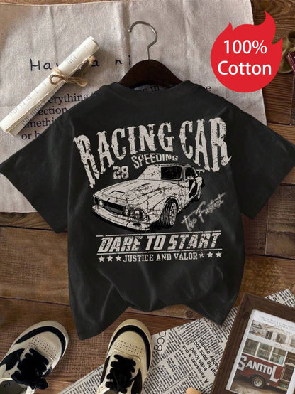 3 Summer New 100% Retro Racing Printed Pattern Boys' Casual Car Design Round Neck Short Sleeve Black Pink White Boy T-Shirt