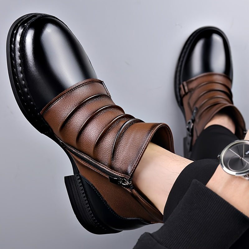 Men'S Faux Two-Tone High-Top Ankle Boots - Ruched Detail, Side Zip & Buckle Strap, Casual Streetwear Boots