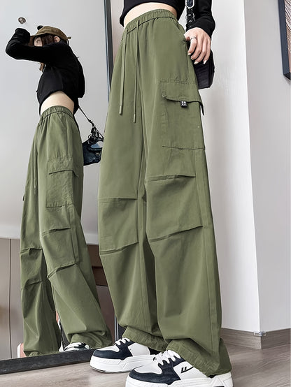 Women&Apos;S Olive Green Cargo Pants - Casual Flap Pockets, Wide-Leg Design, Machine Washable, Spring/Fall Versatile Trousers for Casual Attire, Spring Fall Attire | Relaxed Fit Pants | Nonelastic Fabric