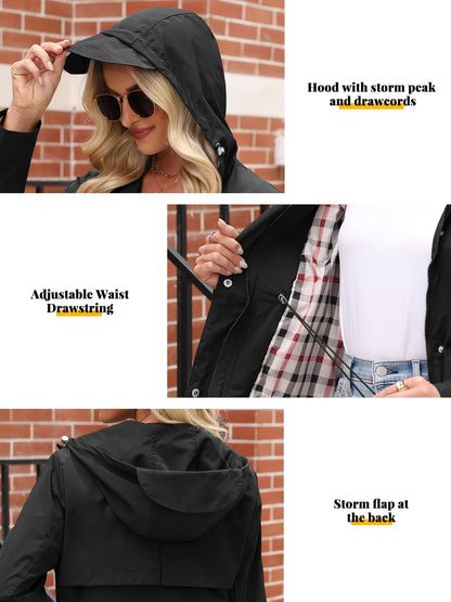 Women'S Lightweight Raincoat - Breathable Windbreaker Jacket With Adjustable Hood, Stylish Trench Coat For Outdoor & Work, Machine Washable, X-Shape Design