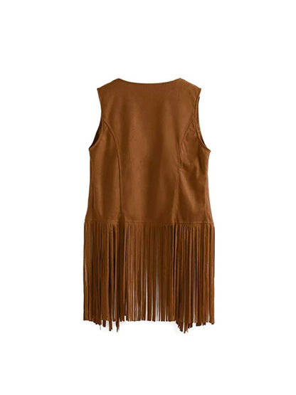 Women' Faux Suede Fringe Vest with Tassels - Western Cowgirl Jacket, Soft Flip-Collar Sleeveless Waistcoat Coat for All-Season Wear, Casual Outfits & Themed Events (Medieval Renaissance Fair) - Solid Color Plain Matching Outerwear