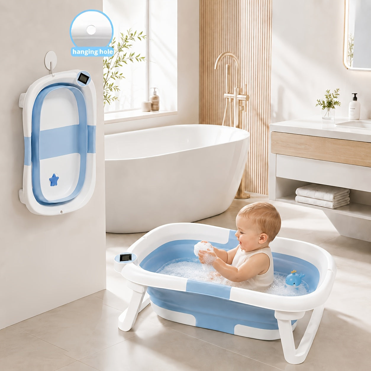 Foldable Baby Bathtub, Baby Tub with Soft Cushion And Thermometer, Portable Travel Baby Bathtub