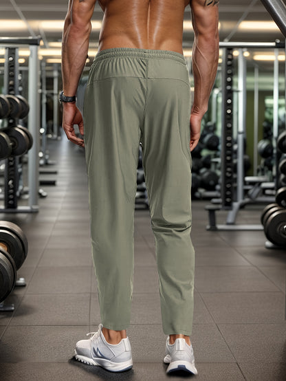 Men's High-Elasticity 7/8 Length Athletic Pants with Drawstring Waist & Zipper Pockets - Moisture-Wicking Workout Joggers for Gym, Running, Casual Wear - 3 Colors (Grey/Green/Black) - Spring Summer Fall Training Pants
