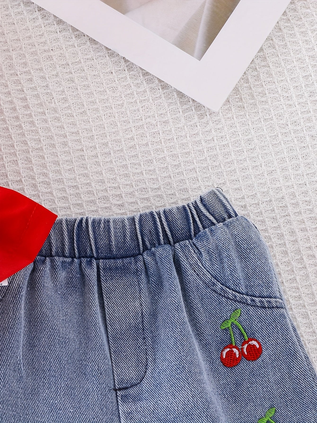 2pcs Baby Girl Summer Outfit Set, 3D Bow Ruffle Peplum Camisole Top, Cherry Embroidered Denim Shorts, Toddler Infant Girls Casual Outfit for Outdoor Sports, Travel & Photo Shooting, 1 Set Random Shipment