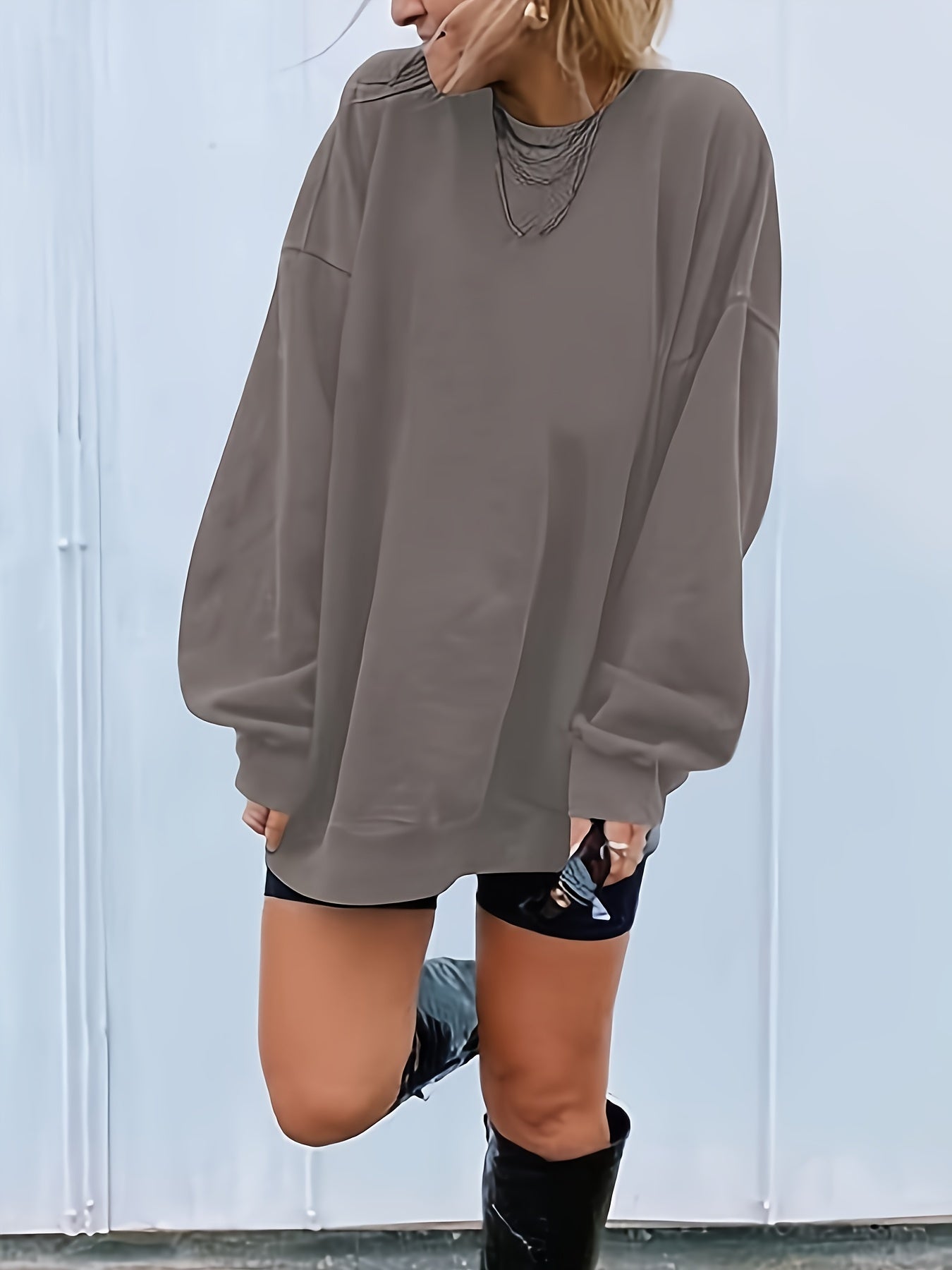 Women's Oversized Long Sleeve Sweatshirts Pure Color Round Neck Casual Pullover Shirt