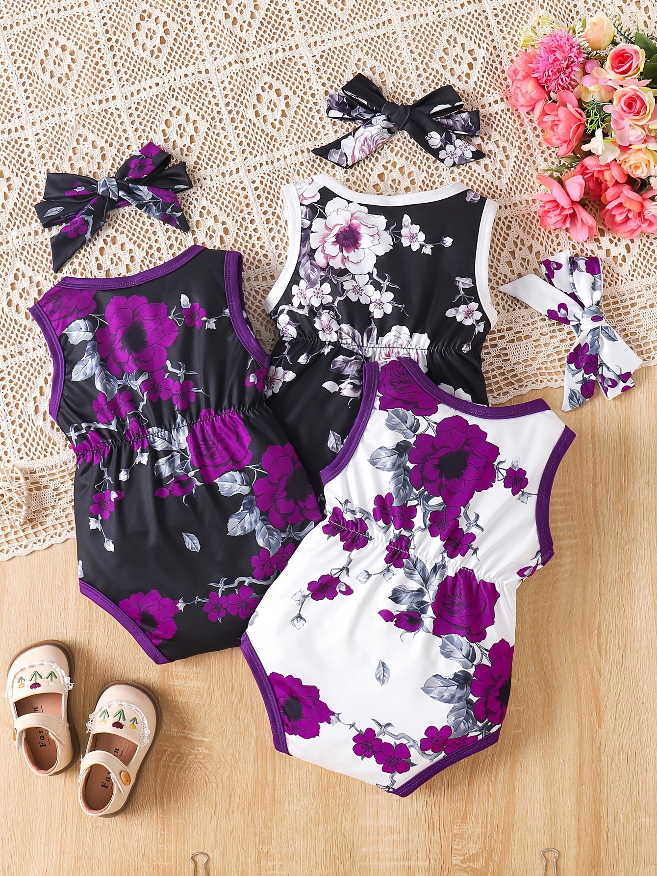 3pcs Cartoon Print Sleeveless Triangle Romper Suit + Headband for Girls, All-season, Polyester Knit Fabric, Regular Fit, Basic Style, for Outdoor, Perfect for Outdoor