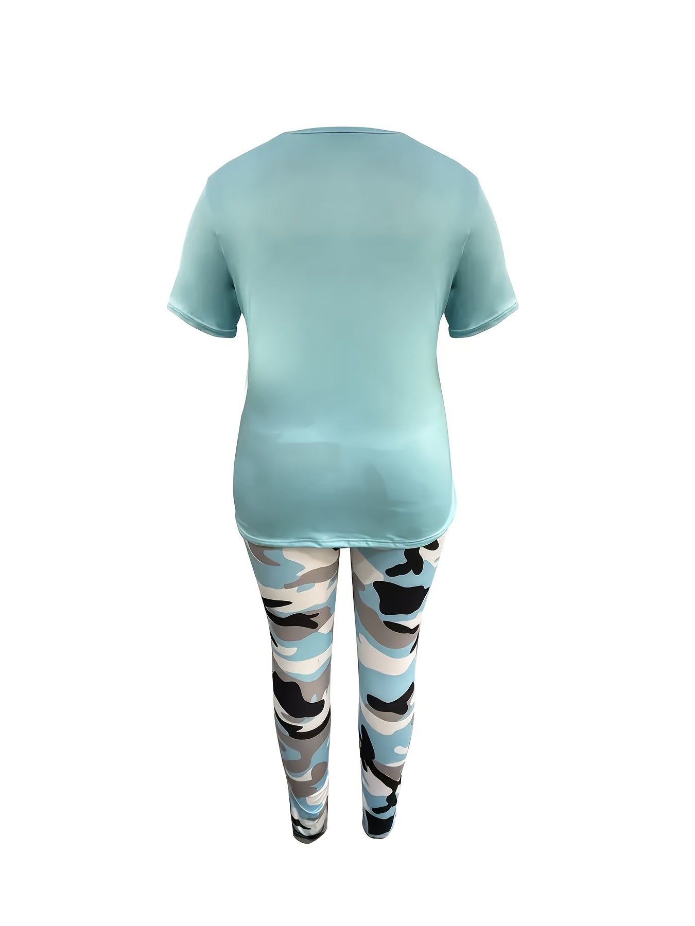 Plus Size - LADIES' Plus Size Daily Fashion Casual Set: Letter Print Crew Neck Short Sleeve T-shirt + Camouflage Long Pants With Pockets