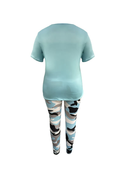 Plus Size - LADIES' Plus Size Daily Fashion Casual Set: Letter Print Crew Neck Short Sleeve T-shirt + Camouflage Long Pants With Pockets