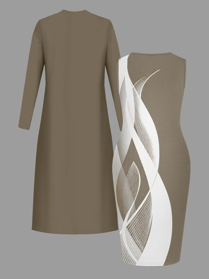 Stylish Women'S Dress Set, Featuring a Long Cardigan And a Printed, Waist-Cinching Dress, a Chic And Elegant Two-Piece Outfit for Everyday Wear