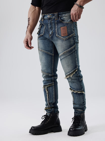 ESDVQ Men's Fashion Patchwork Vintage Washed Jeans - Slim Fit, Stretch Denim with Pockets, Casual Style, Machine Washable - Dark Blue with Light Blue & Black Accents