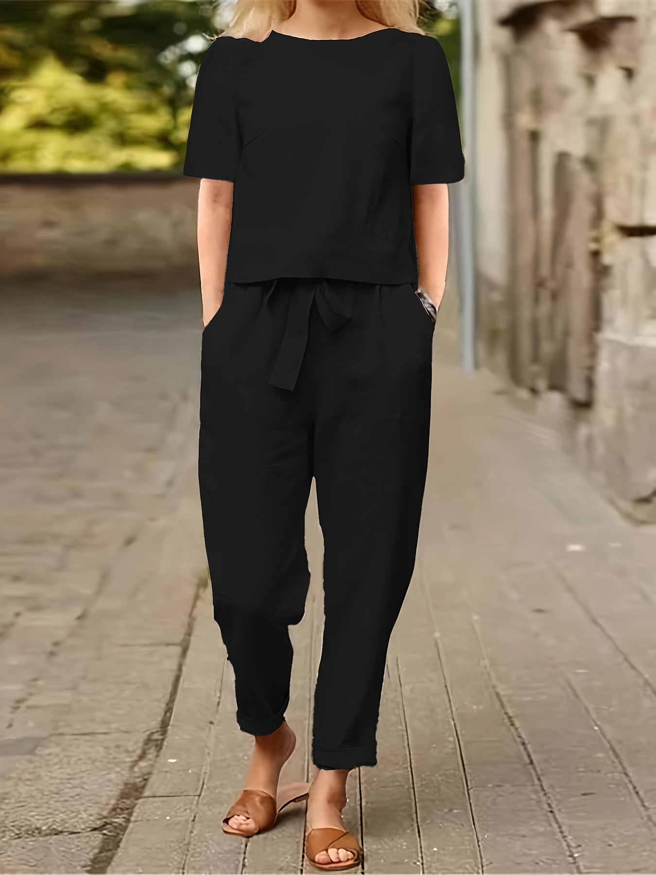 TOOLUCK Casual Solid Two-piece Set, Short Sleeve Simple Top & Tie Waist Pants Outfits, Women's Clothing