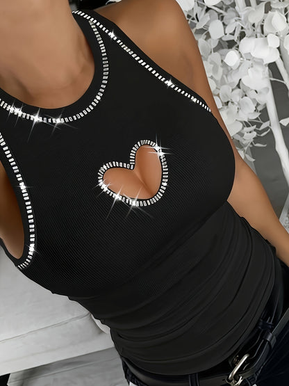 Women'S Fashionable Heart-Cutout Rhinestone-Embellished Camisole Top