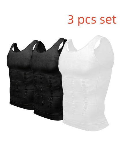 3pcs Pack Men's Compression Shaping Vest - Tummy Control Slimming Shirt, Muscle Enhancing Workout Tank Top Suitable for Gym, Post-Surgery & Casual Attire - Discreet Shapewear (Machine Washable)