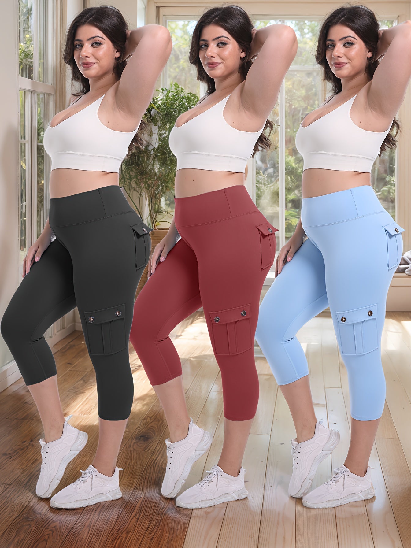 3-packs High Waist Yoga Capri Pants 3pcs Capri Pants Set, 4 Way Stretch Butt Lifting Tummy Control, 4 Button Pockets Workout Running Sports Pants