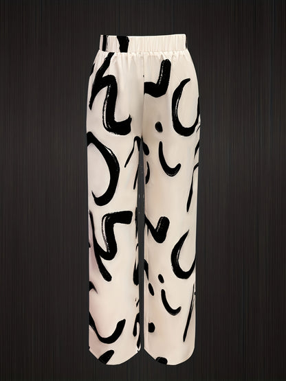 Printed Women'S Dress Set with V-Neck Loose Seven-Sleeve Long Shirt And Drawstring Pants