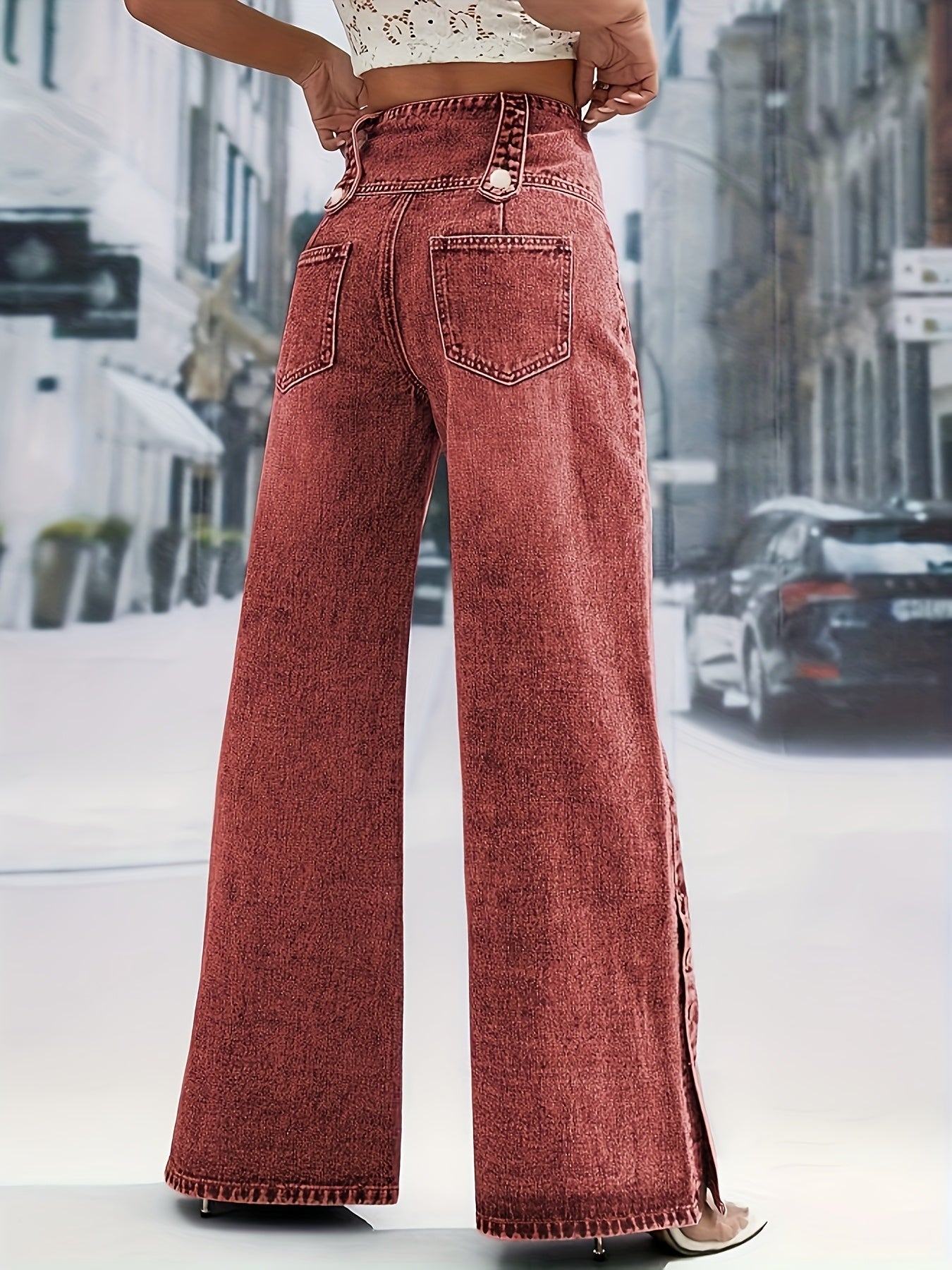 Women'S Light Blue Denim with a High Waist And Snowflake Pattern, Featuring a Buckle Design, Snap Boot Pant Legs, And a Straight, Loose Wide-Leg Cut. This Stylish Casual Outfit Is Perfect for Weekdays And Weekend Shopping, Machine Washable