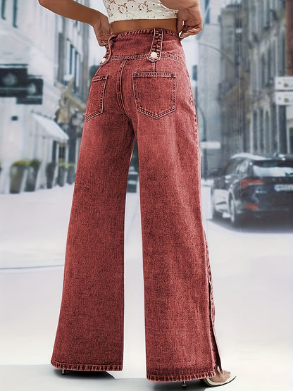 Women'S Light Blue Denim with a High Waist And Snowflake Pattern, Featuring a Buckle Design, Snap Boot Pant Legs, And a Straight, Loose Wide-Leg Cut. This Stylish Casual Outfit Is Perfect for Weekdays And Weekend Shopping, Machine Washable