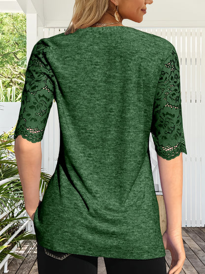 Women's Summer Pleated Button Short Sleeve T-shirt Summer V-neck Solid Color Casual Top