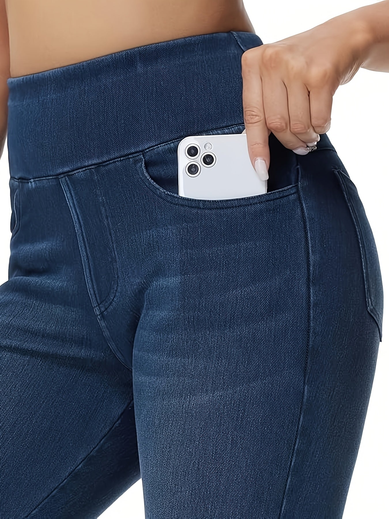 Women's Slim-fit Jeans with Four Pockets, High-waisted Stretchy Leggings, Fashionable Tummy- Denim Style