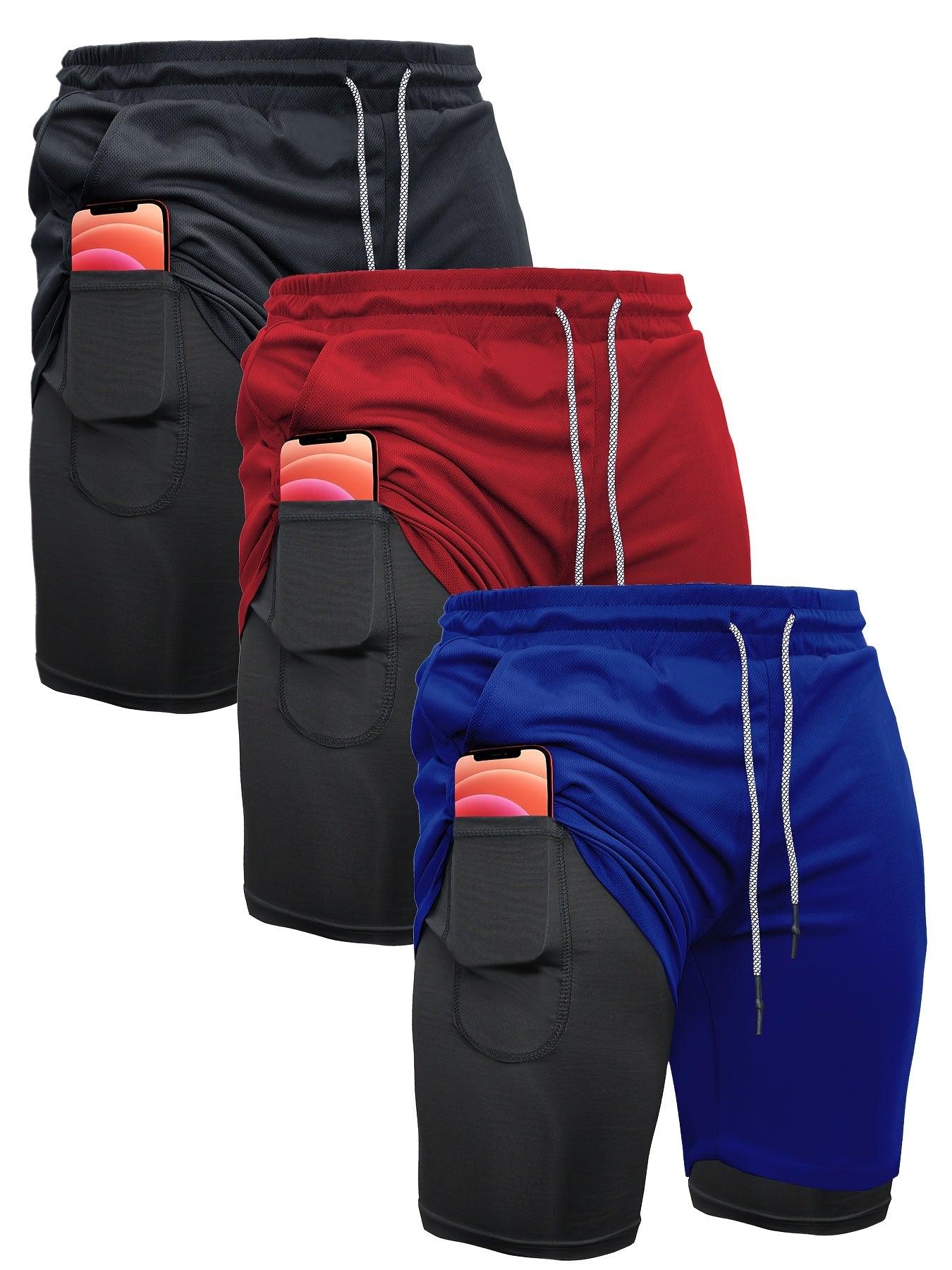 3pcs Men's 2-in-1 Double-layer Shorts with Inner Pocket, High Stretch Sports Shorts, Suitable for Summer Running, Gym Exercise And Training