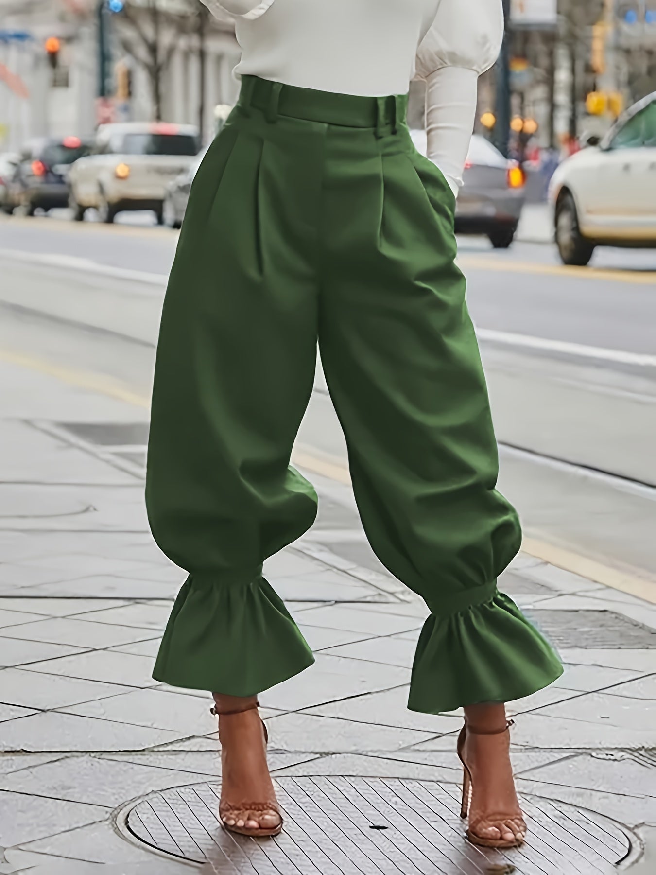 Women's High Waist Lantern Pants - Olive Green Wide Leg Trousers with Ruffled Hem And Elastic Waistband"