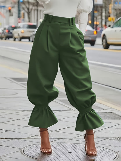Women's High Waist Lantern Pants - Olive Green Wide Leg Trousers with Ruffled Hem And Elastic Waistband"