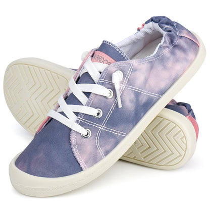 Tie-Dye Low Top Canvas Sneakers For Women Slip On Lace Up Flats