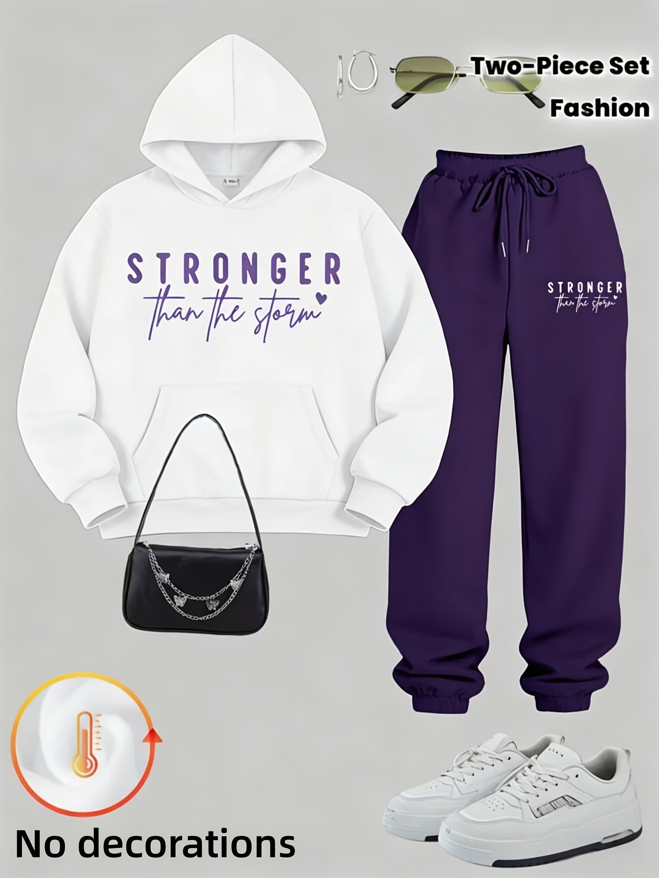 Women'S 2025 Trendy Motivational "Stronger Than The Storm" Two-Piece Hoodie Set - Fall Winter Cozy Warm Oversized Lazy-Chic Casual, Daily Streetwear Lounge Outfit, Plus-Size Figure-Flattering Soft Matching Two-Piece Set
