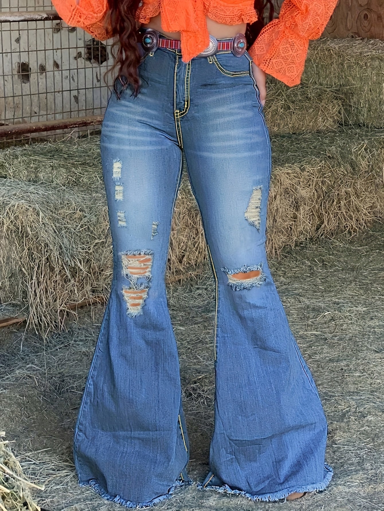 High-Waisted Bootcut Jeans for Women - Classic Blue Stretchy Jeans with a Sexy Distressed Design