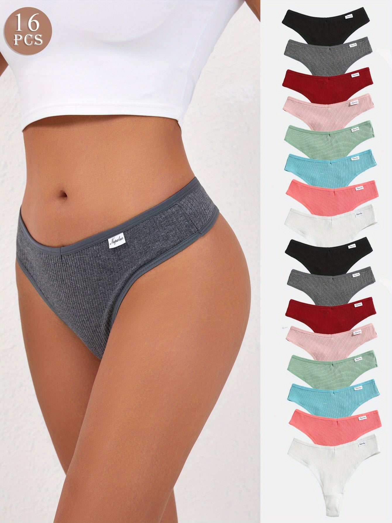 16pcs Set of Women'S Thongs Made from Soft, Breathable in Solid Colors