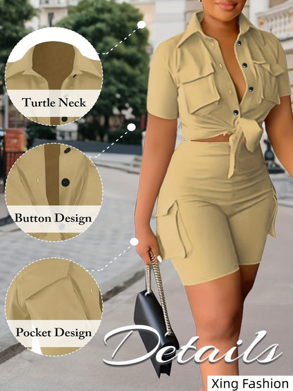 Women 2pcs Outfits Summer Casual Short Sleeve Button Top Biker Shorts with Pockets Solid Color Streetwear Set