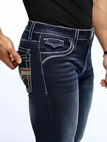 Men's Deep Blue Elastic Embroidered Casual Jeans