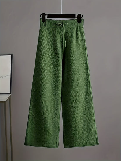 Y08 Women's 2pcs Elegant Casual Outfit, Long Sleeve Crew Neck Top & Loose Pants, Solid Color, Regular Cuffs, All-Season Wear, Multiple Colors Available